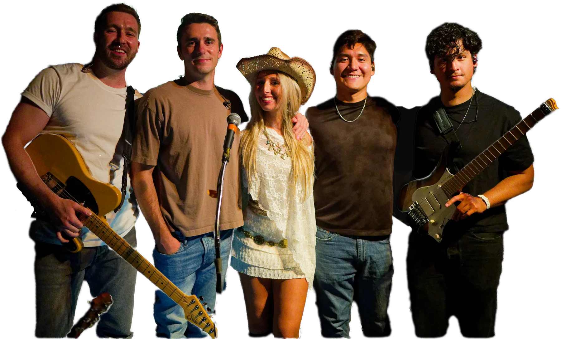 Sylvie in a cowboy hat standing with her four bandmates